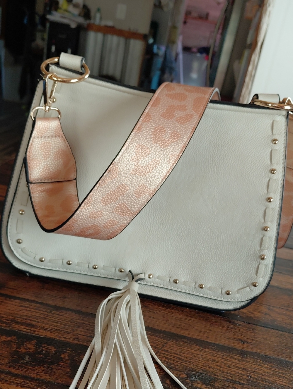 Cream Shoulder Bag with Peach Accent Strap